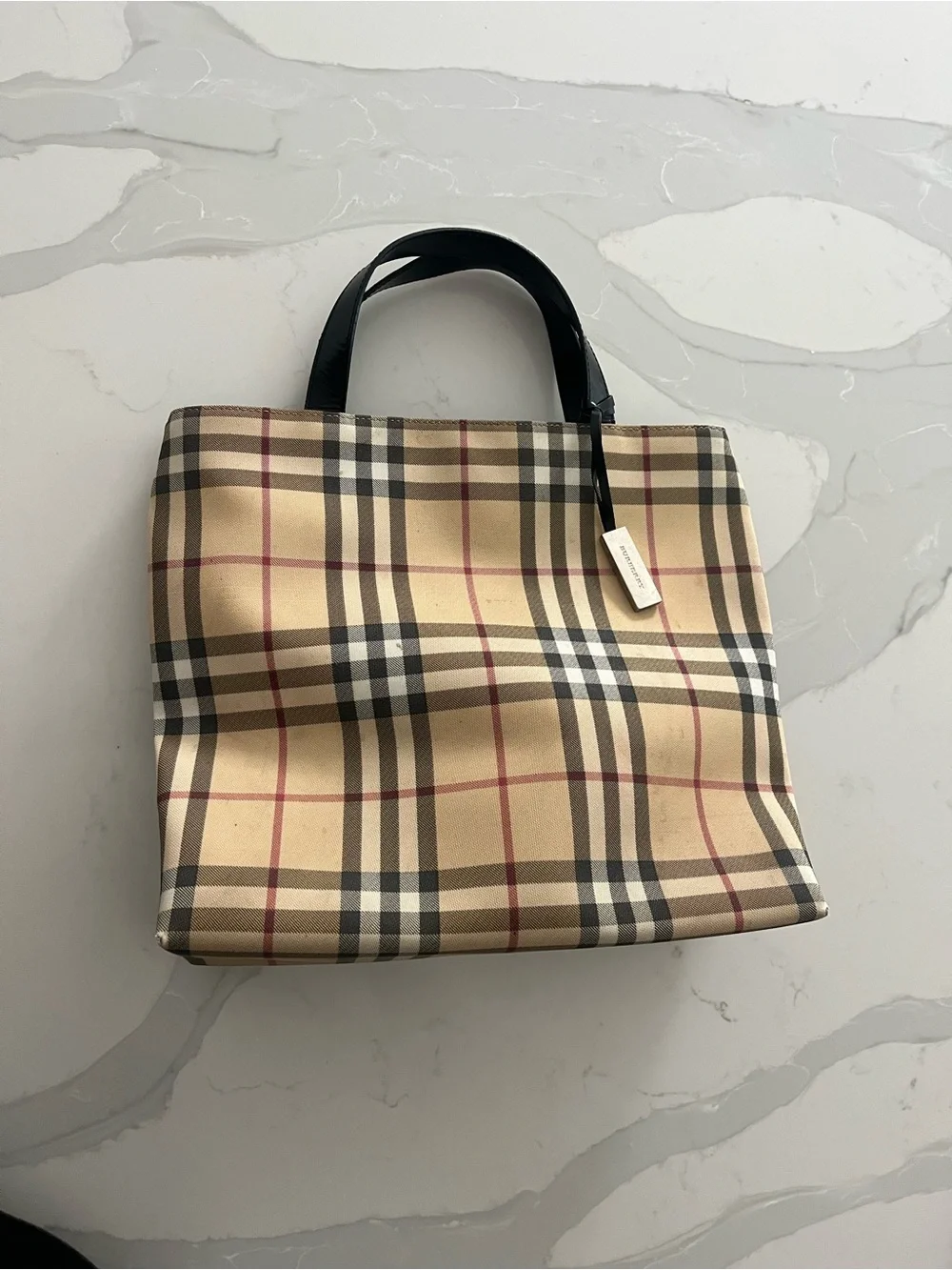 Burberry Beige Check Canvas Tote Bag with Black Handles 10x11.